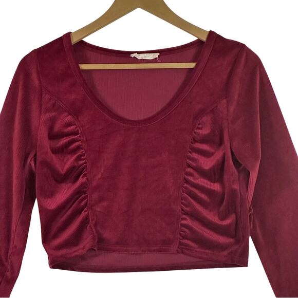 Altar’d State V-Neck Crop Top Womens M Maroon Red Velvet Long Sleeve Ruched - Picture 2 of 5